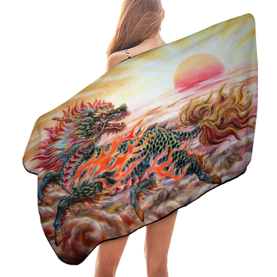 Cool Microfiber Beach Towel Fantasy Art Sun Fire Kirin