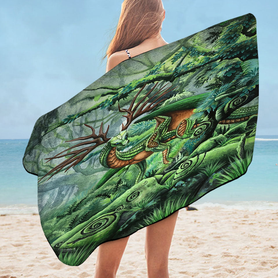Cool Microfiber Beach Towel Green Hidden Guardian Fantasy Forest Deer Dragon