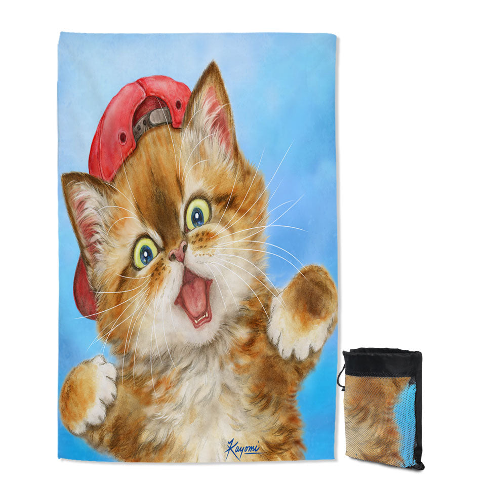 Cool Microfiber Towels For Travel Cats Boy Ginger Kitten Wearing a Cap Hat