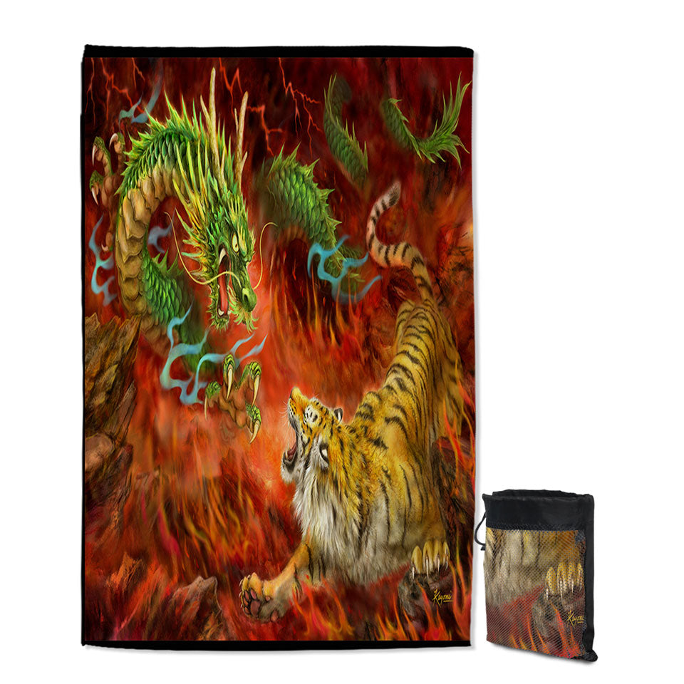 Cool Microfiber Towels For Travel Fantasy Art Chinese Dragon vs Tiger in Fire