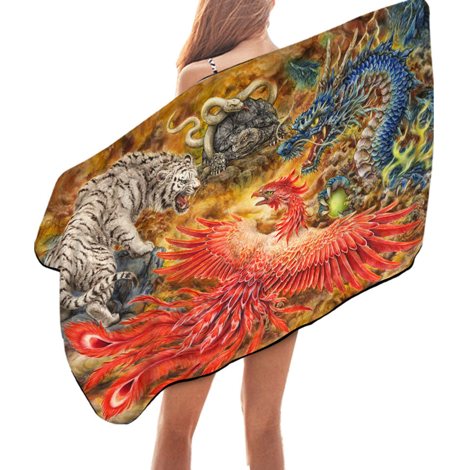 Cool Microfibre Beach Towels Fantasy Art Four Heavenly Beasts