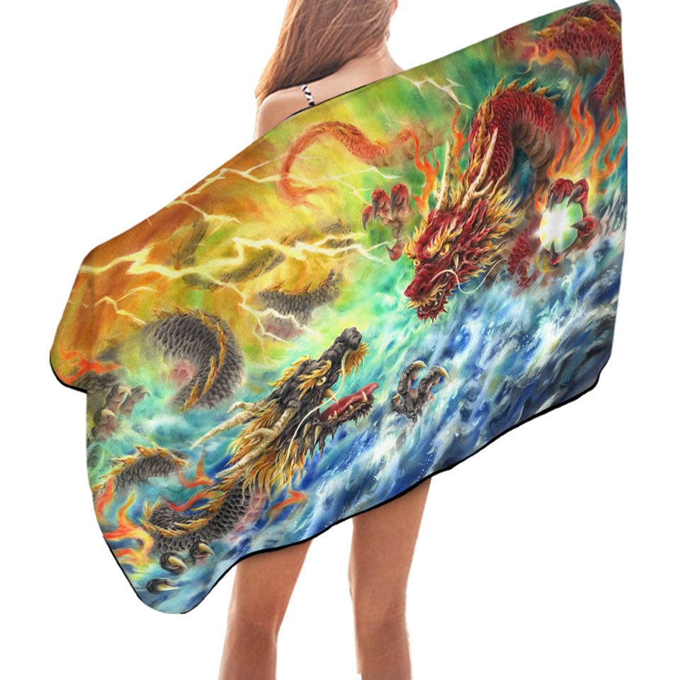 Cool Microfibre Beach Towels Fantasy Fire vs Water Encountering Dragons