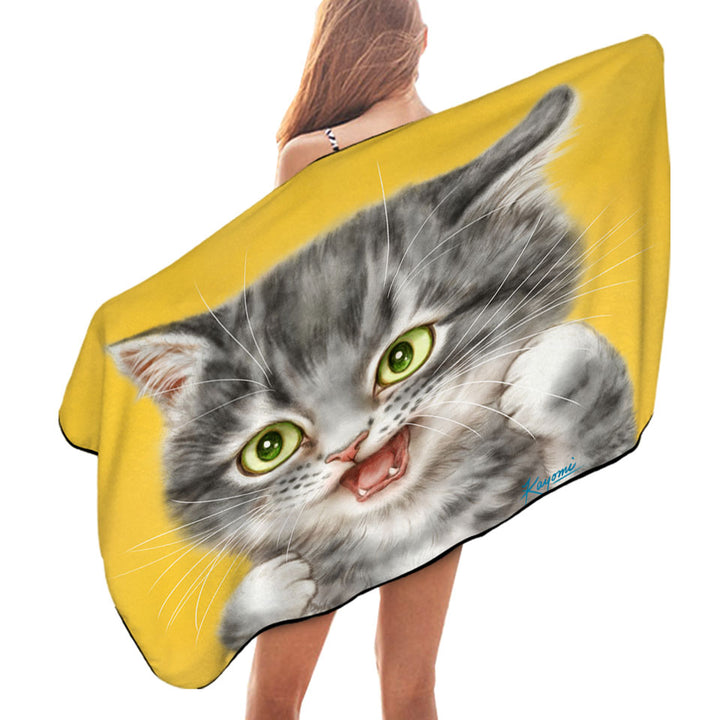 Cool Microfibre Beach Towels with Cats Art Tough Grey Kitten
