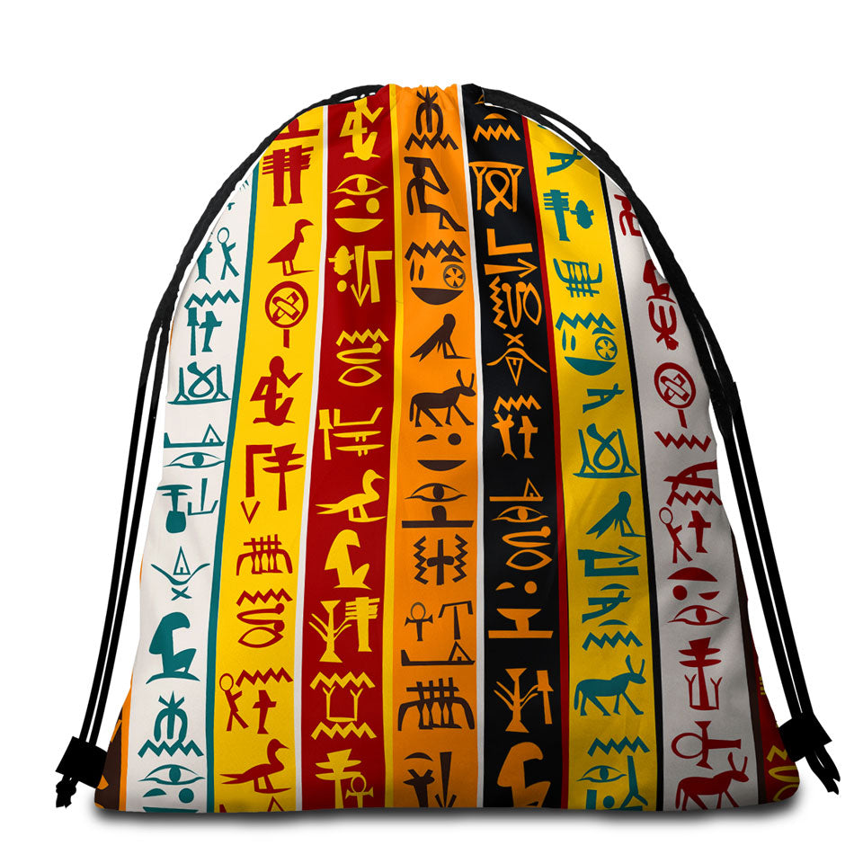 Cool Multi Colored Stripes Beach Towel Bags with Ancient Symbols