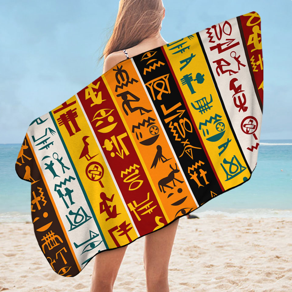 Cool Multi Colored Stripes Microfiber Beach Towel with Ancient Symbols