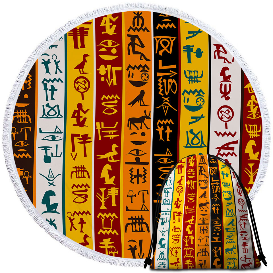 Cool Multi Colored Stripes Round Beach Towel with Ancient Symbols