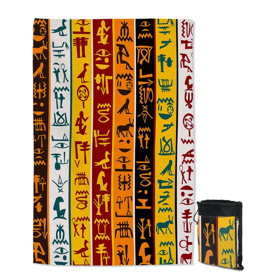 Cool Multi Colored Stripes Thin Beach Towel with Ancient Symbols