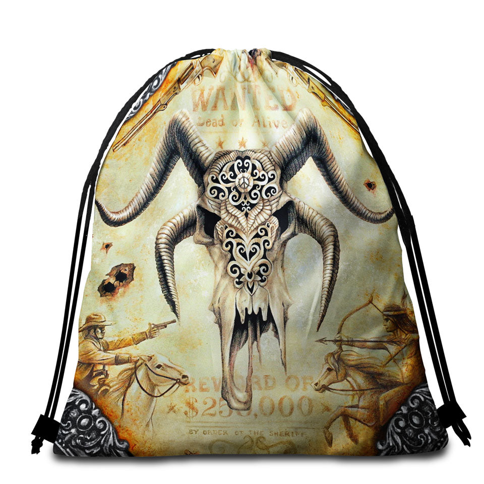 Cool Old Wild West Wanted Goat Skull Beach Bags and Towels