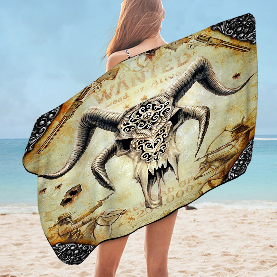 Cool Old Wild West Wanted Goat Skull Microfiber Beach Towel