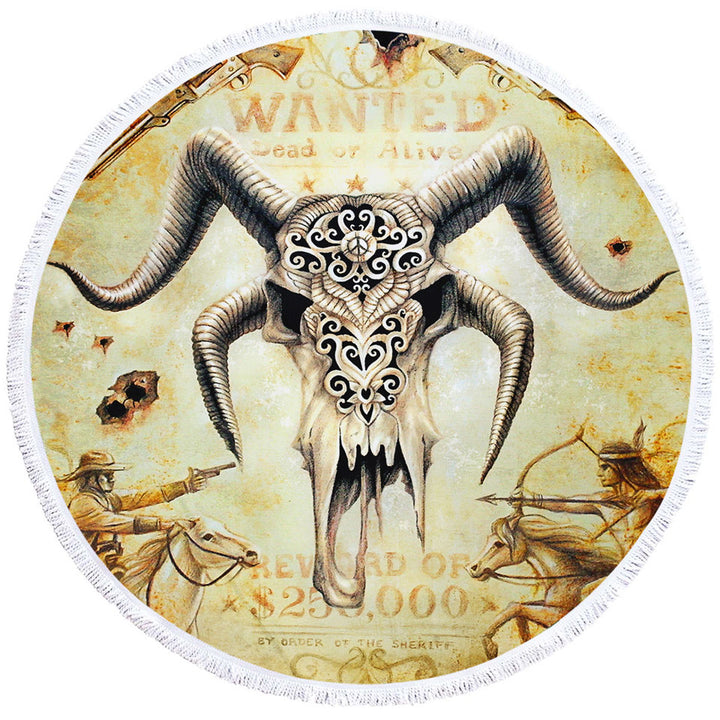 Cool Old Wild West Wanted Goat Skull Round Beach Towel
