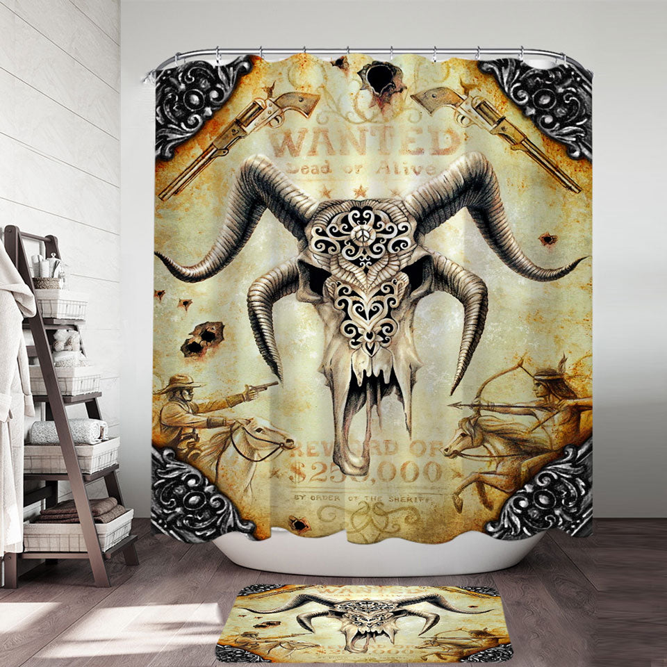 Cool Old Wild West Wanted Goat Skull Shower Curtain