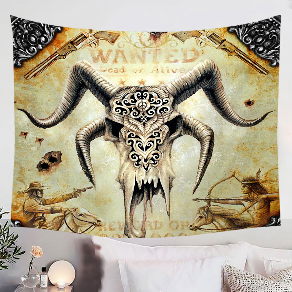 Cool-Old-Wild-West-Wanted-Goat-Skull-Wall-Decor-Tapestry