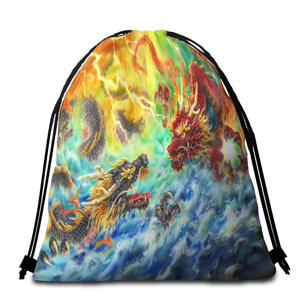 Cool Packable Beach Towel Fantasy Fire vs Water Encountering Dragons