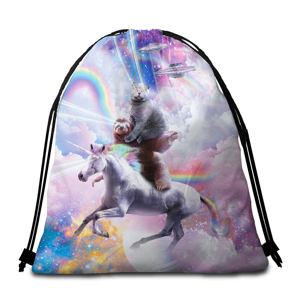 Cool Packable Beach Towel Galaxy Cat on Sloth on Unicorn in Space
