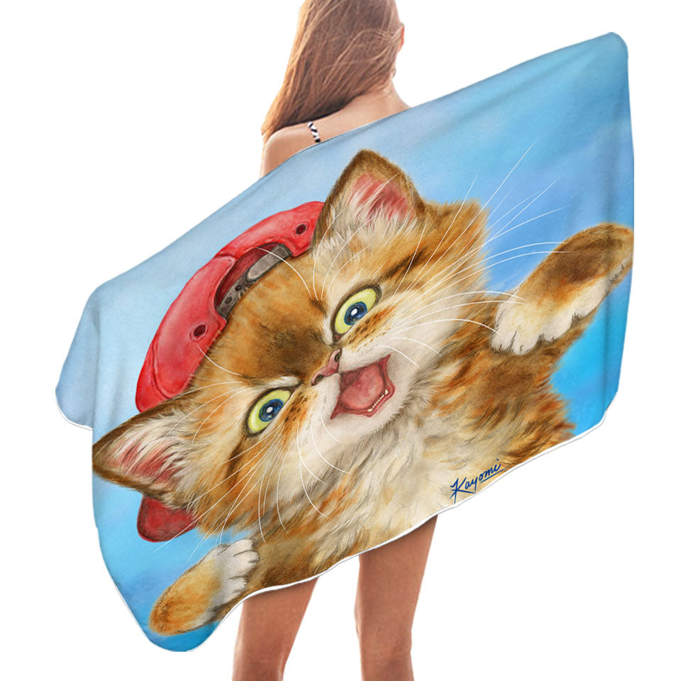 Cool Pool Towels Cats Boy Ginger Kitten Wearing a Cap Hat