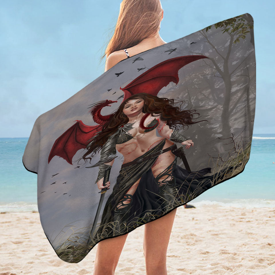 Cool Pool Towels Fantasy Art Sexy Dragon Warrior Woman