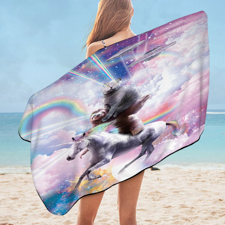 Cool Pool Towels Galaxy Cat on Sloth on Unicorn in Space