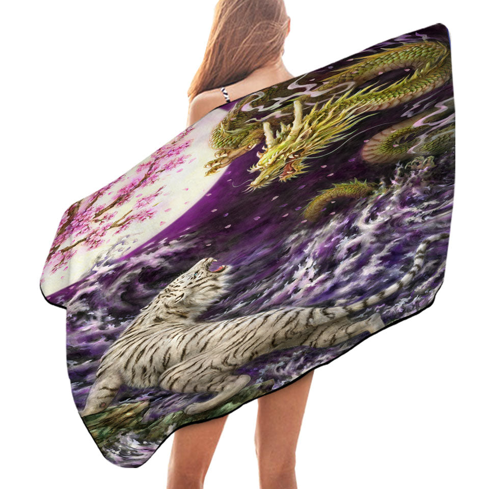 Cool Pool Towels Painting Moonlight Battle Tiger vs Dragon
