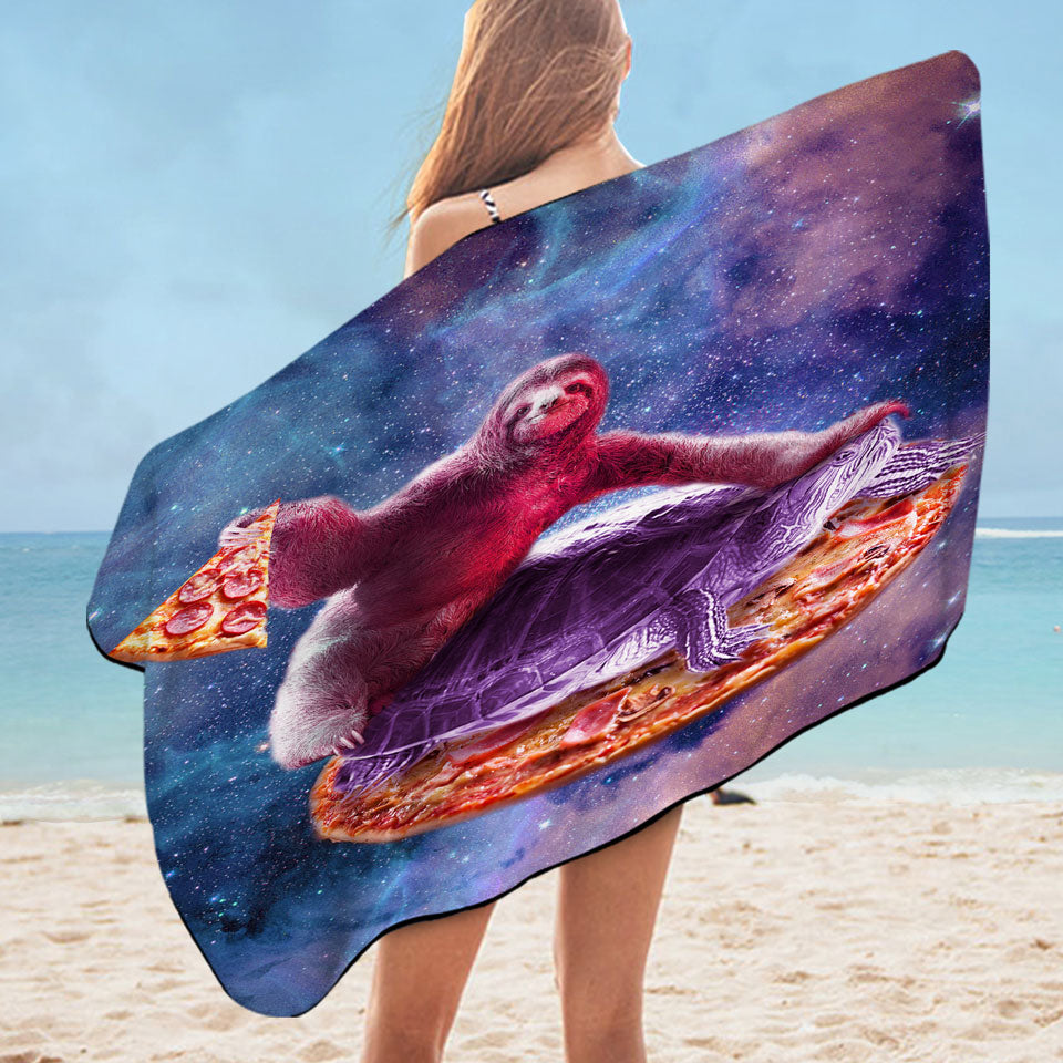 Cool Pool Towels for Guys Crazy Art Space Pizza Sloth on Turtle