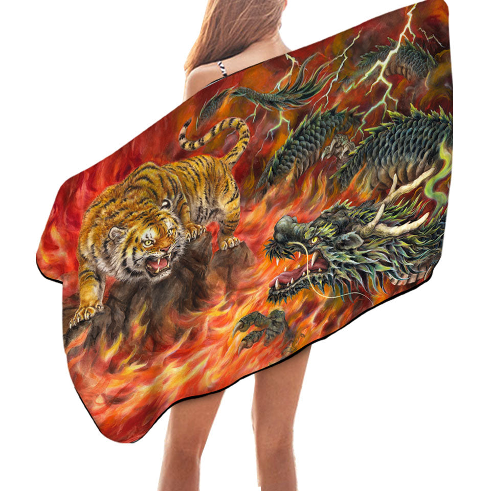 Cool Pool Towels for Guys Fantasy Art Dragon vs Tiger in Fire