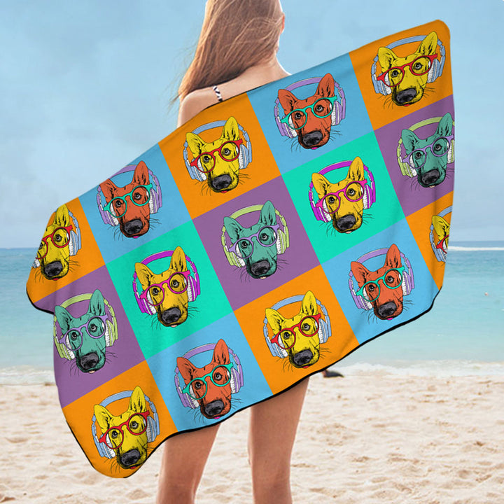 Cool Pool Towels with a Panel of Multi Colored Cool Hipster Dog