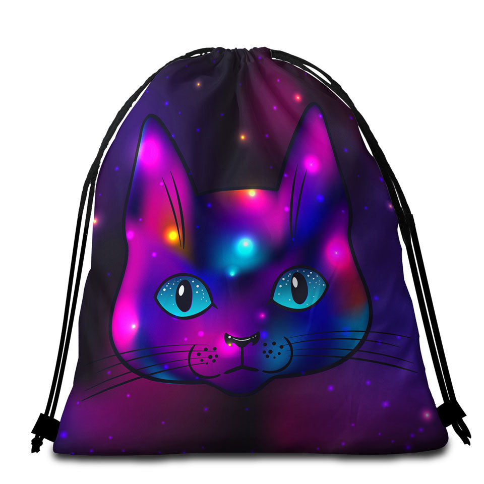 Cool Purple Space Cat Beach Towel Bags