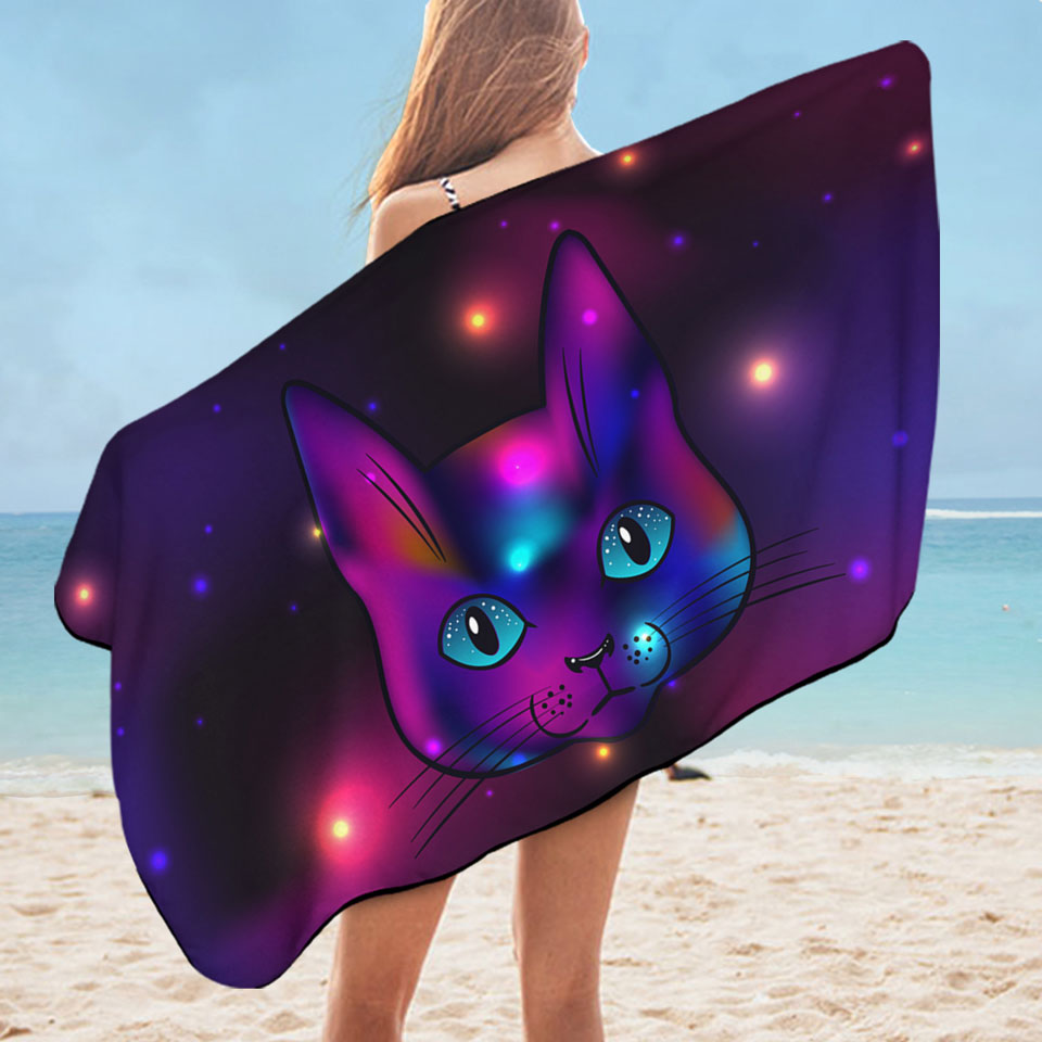 Cool Purple Space Cat Microfiber Beach Towel