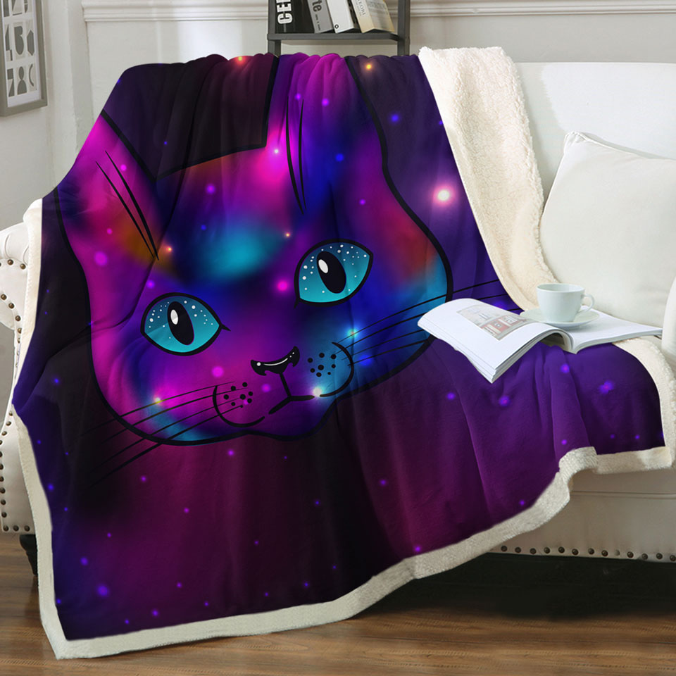 Cool Purple Space Cat Sherpa Blanket