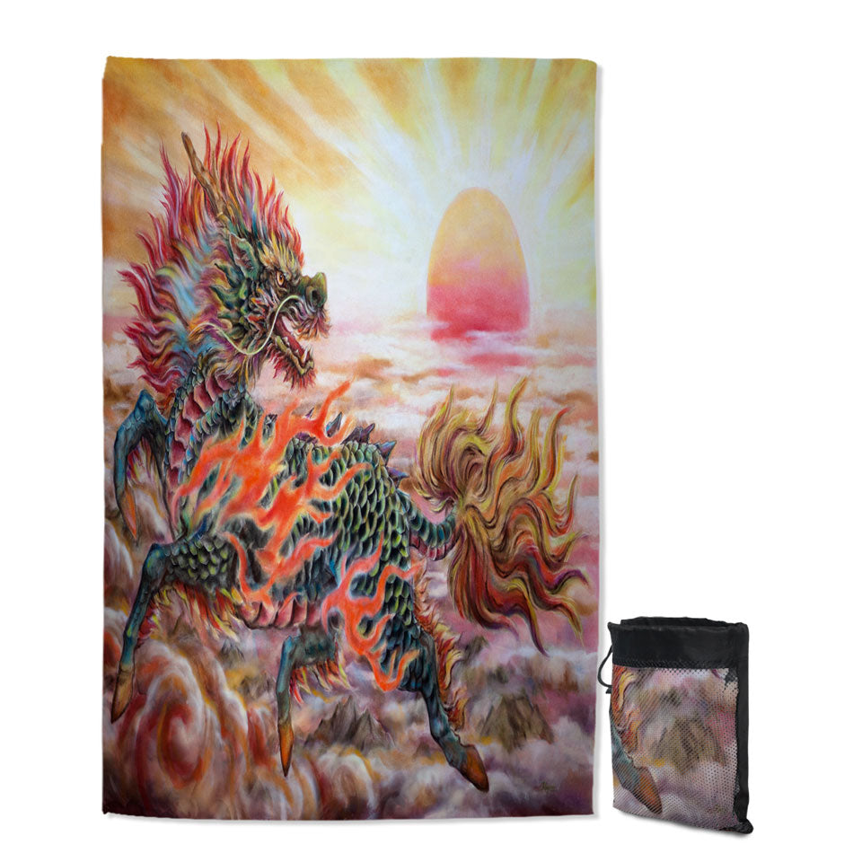 Cool Quick Dry Beach Towel Fantasy Art Sun Fire Kirin