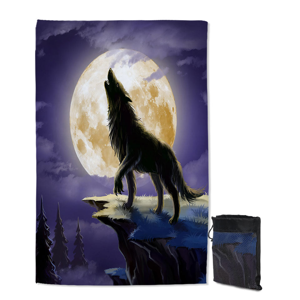 Cool Quick Dry Beach Towel Wolf Howls at a Full Moon