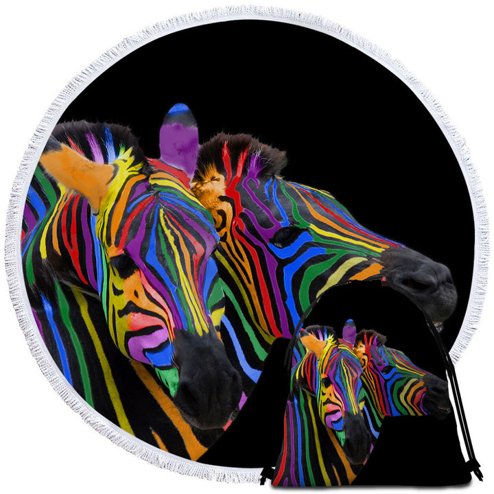 Cool Rainbow Striped Zebras Round Beach Towel