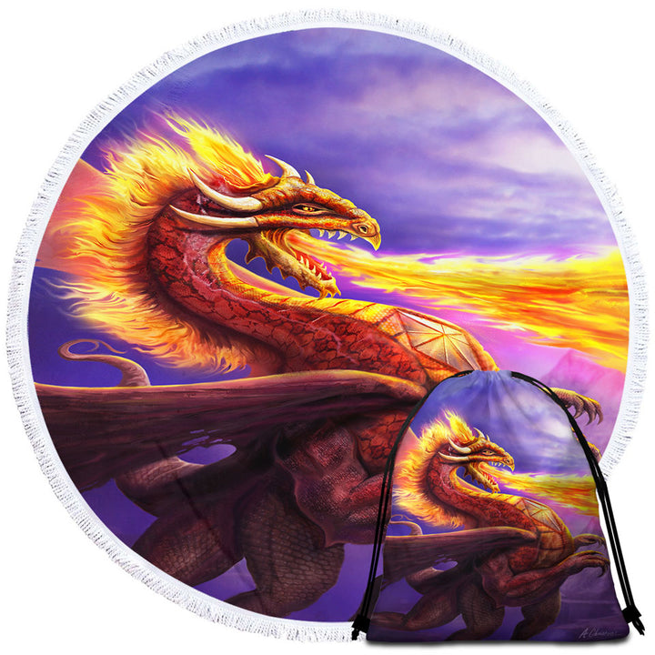 Cool Round Beach Towel Art Dragon Flame