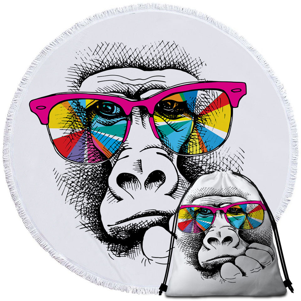 Cool Round Beach Towel Blanket Colorful Glasses Gorilla