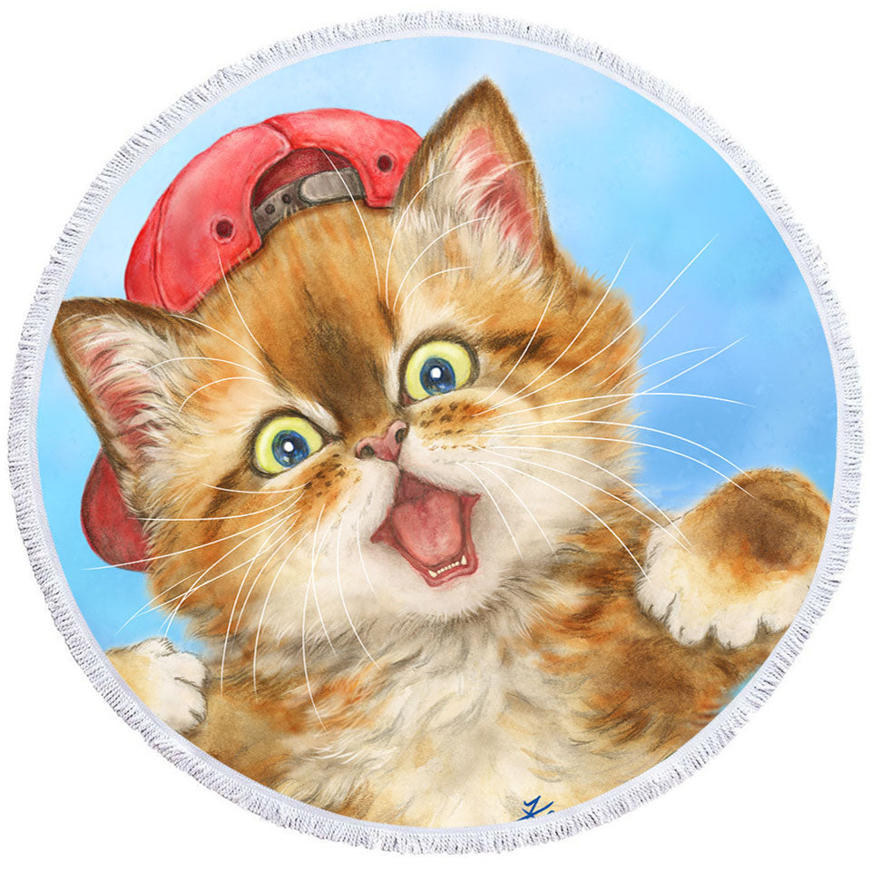 Cool Round Beach Towel Cats Boy Ginger Kitten Wearing a Cap Hat