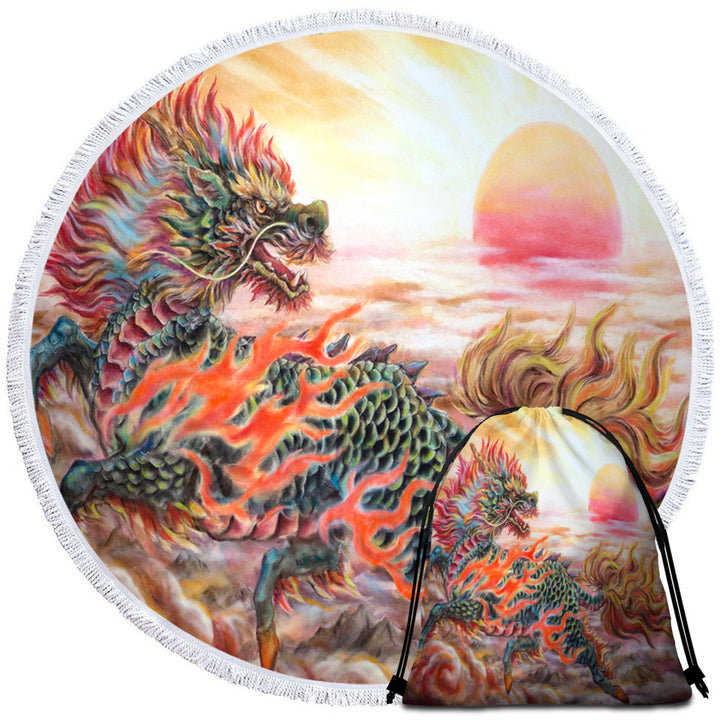 Cool Round Beach Towel Fantasy Art Sun Fire Kirin