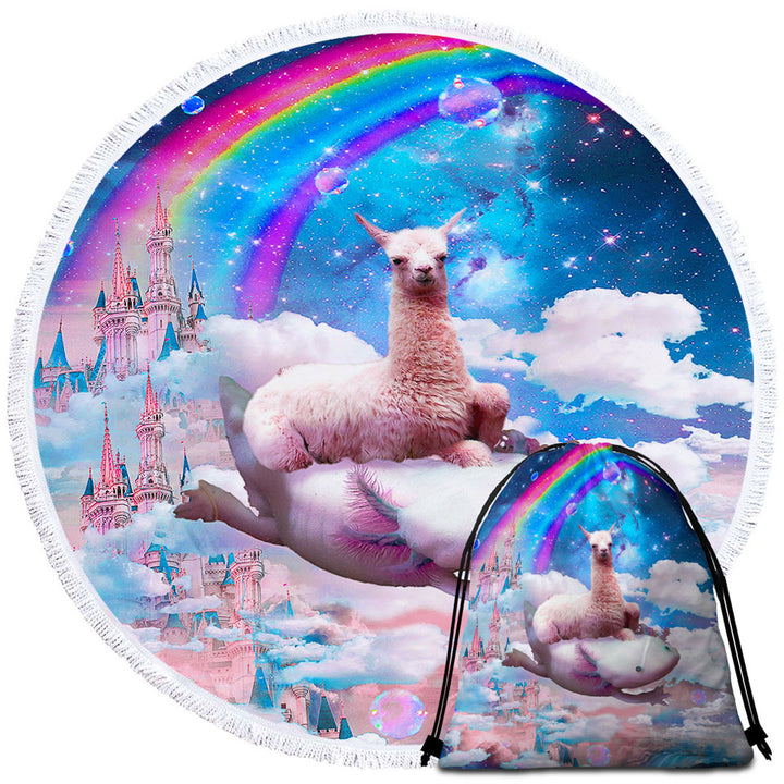Cool Round Beach Towel Fantasy Crazy Space Llama Riding Axolotl