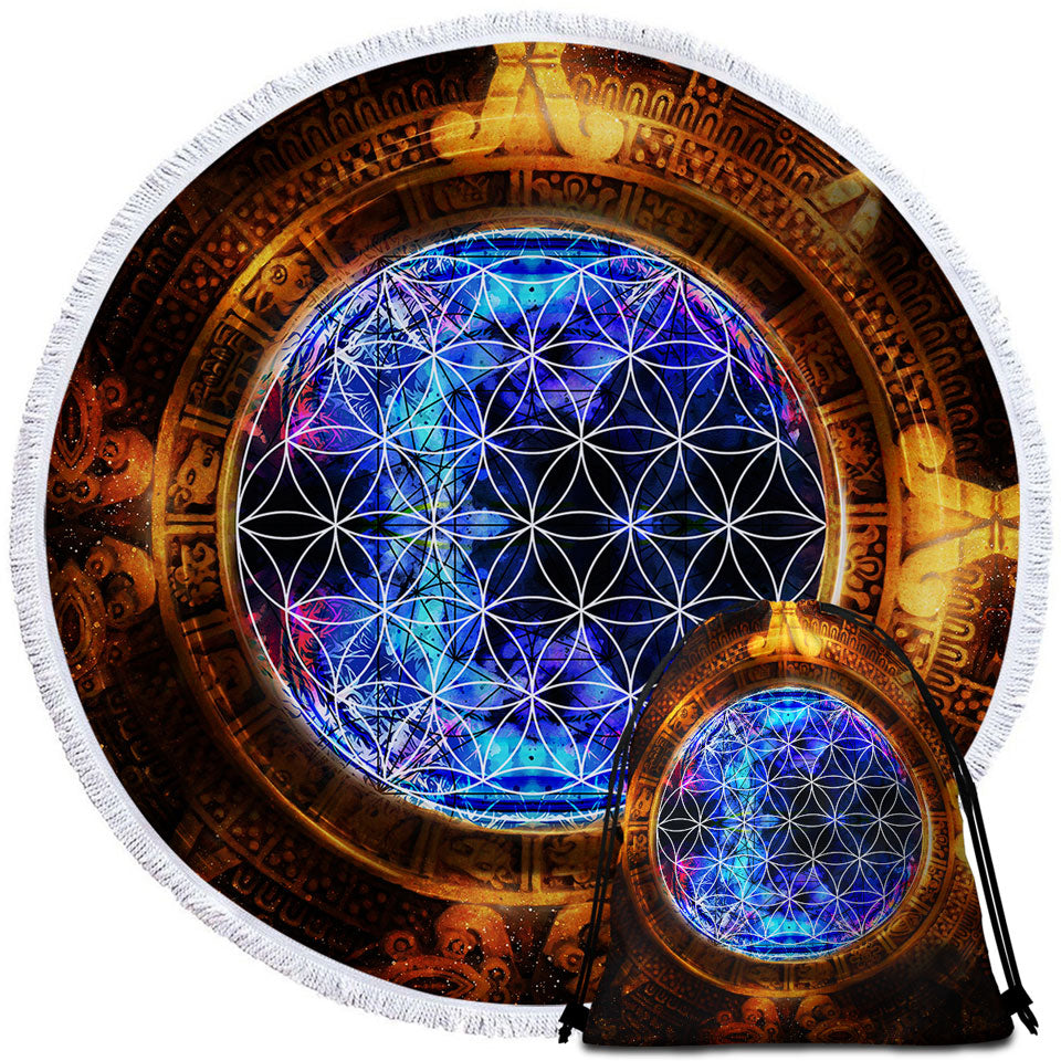 Cool Round Beach Towel Golden Blue Ancient Illusion