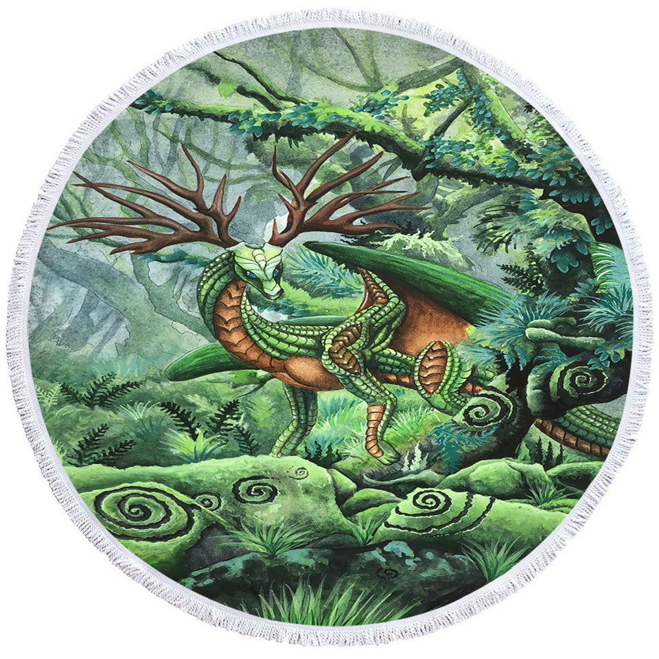 Cool Round Beach Towel Green Hidden Guardian Fantasy Forest Deer Dragon