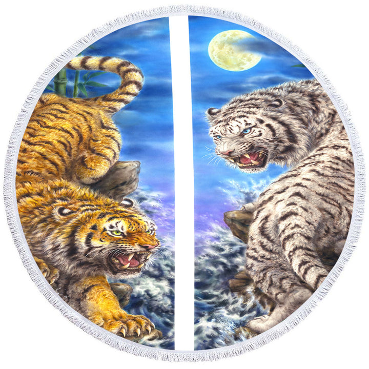 Cool Round Beach Towel Yin and Yang Orange Tiger vs White Tiger