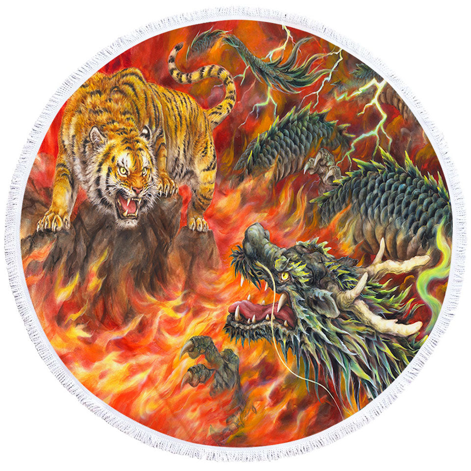 Cool Round Beach Towel for Men Fantasy Art Dragon vs Tiger in Fire