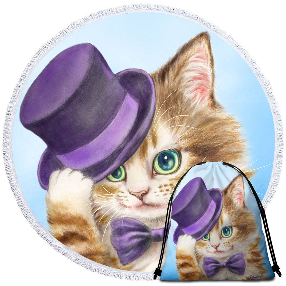 Cool Round Beach Towel for Travel Cats Art the Purple Top Hat and Bow Tie Kitty