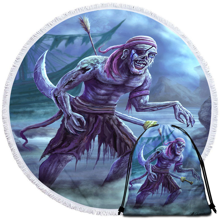 Cool Round Beach Towel with Fantasy Art Zombie Pirate