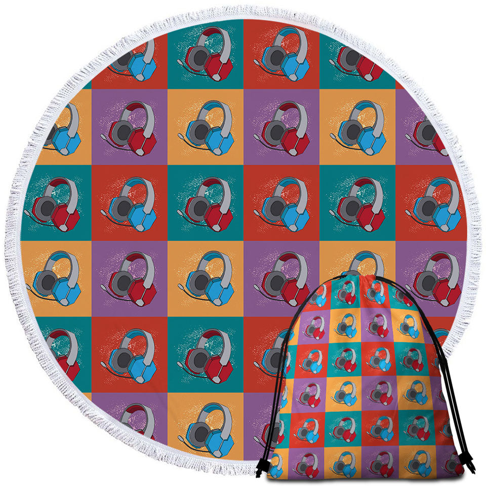 Cool Round Beach Towels Red and Blue Gamers Headphone Sets