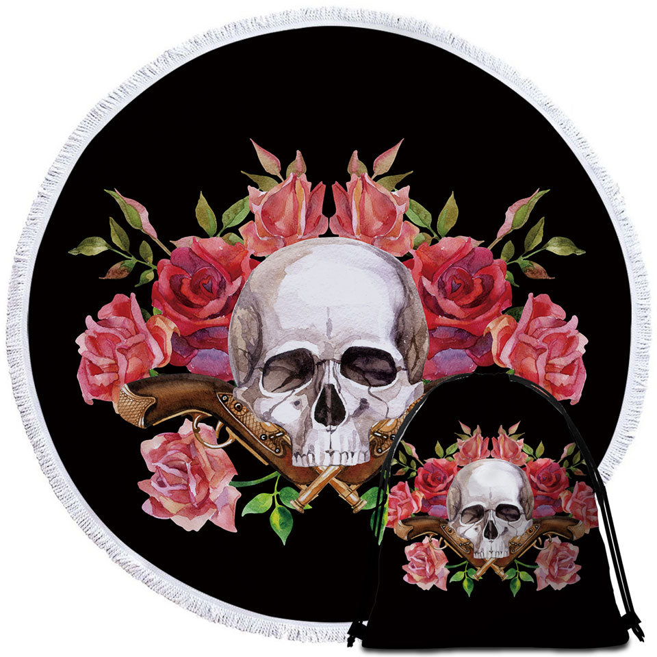 Cool Round Beach Towels Skull Roses and Vintage Pistols