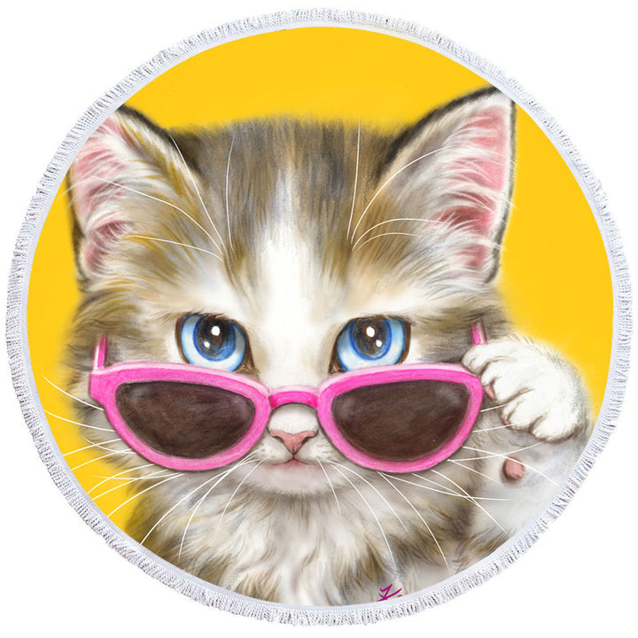 Cool Round Beach Towels for Girls Cat Art Girly Kitten Wearing Pink Sunglass