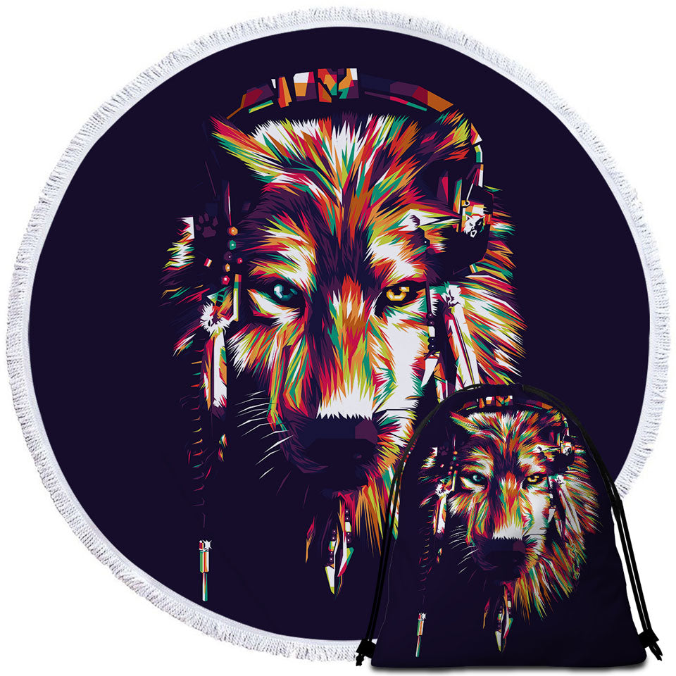 Cool Round Towel Colorful Artistic Wolf