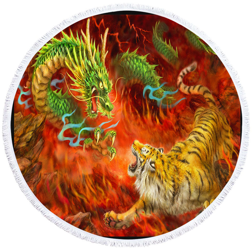 Cool Round Towel Fantasy Art Chinese Dragon vs Tiger in Fire