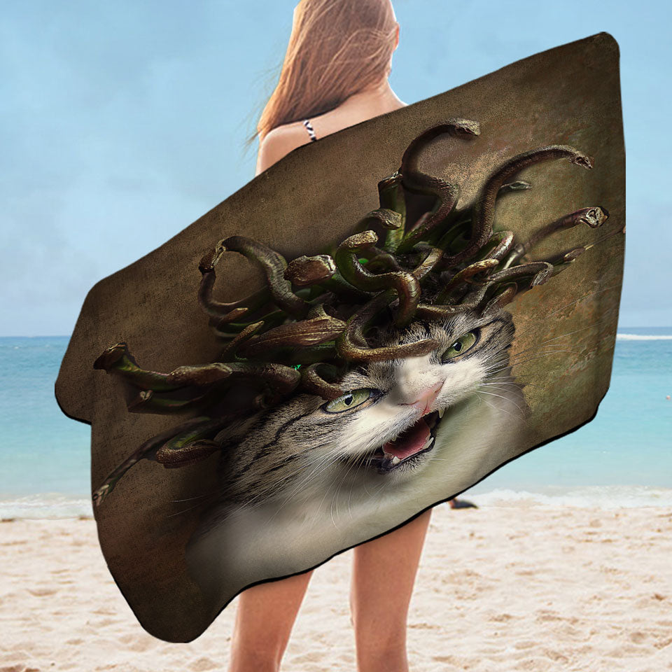 Cool Scary Beach Towel Fantasy Art Meowdusa the Medusa Cat