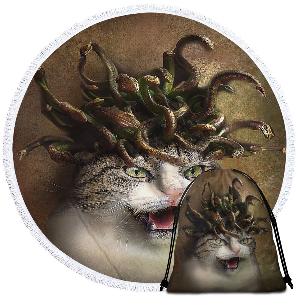 Cool Scary Beach Towels and Bags Set Fantasy Art Meowdusa the Medusa Cat
