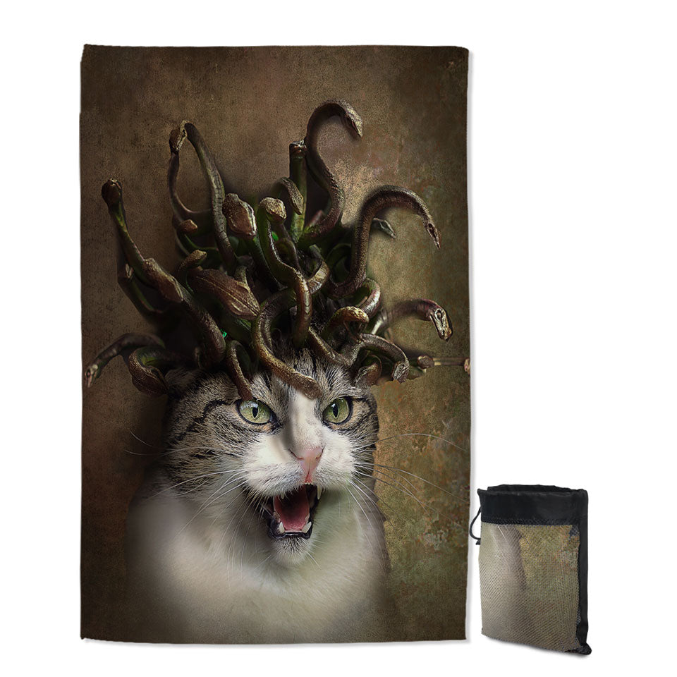 Cool Scary Microfiber Towels For Travel Fantasy Art Meowdusa the Medusa Cat